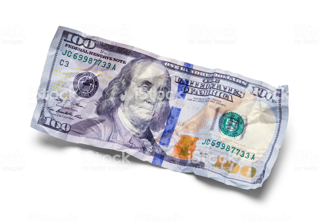 Single Crushed and Wrinkled Hundred Dollar Bill Isolated on White.